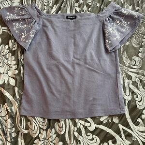 Express Lavender Ribbed Off-Shoulder Top with Embroidered Flutter Sleeves